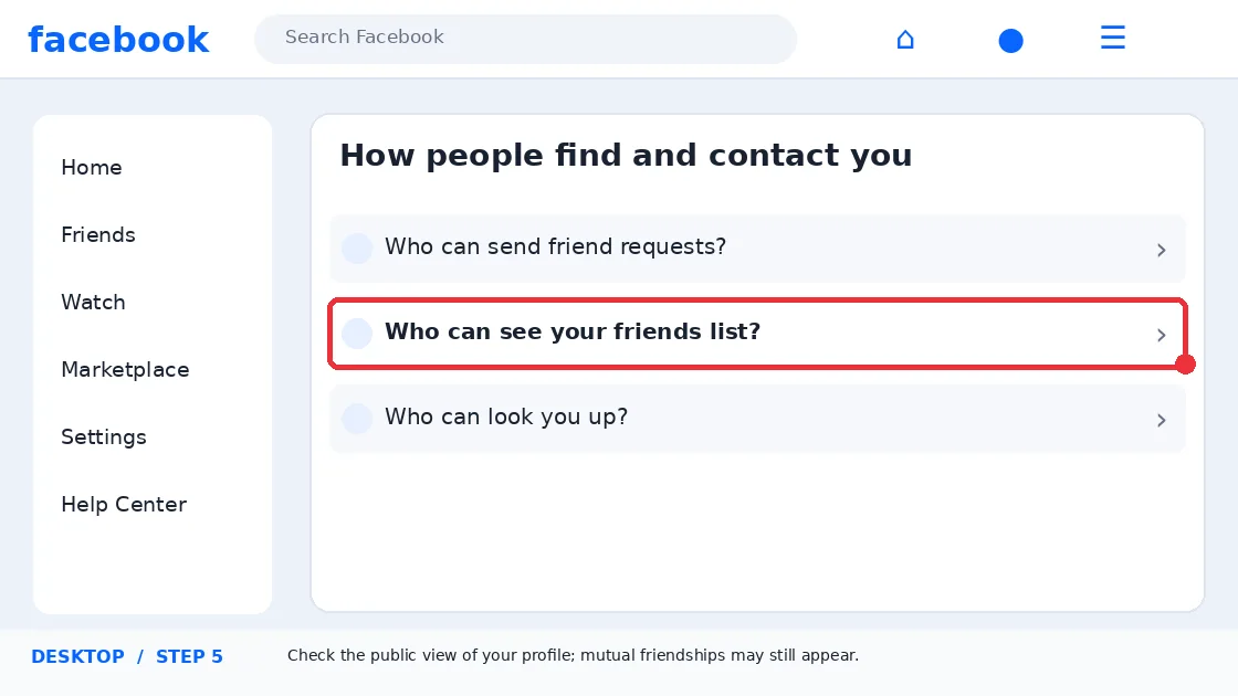 Illustrative Facebook interface for desktop, step 5; actual interface may differ