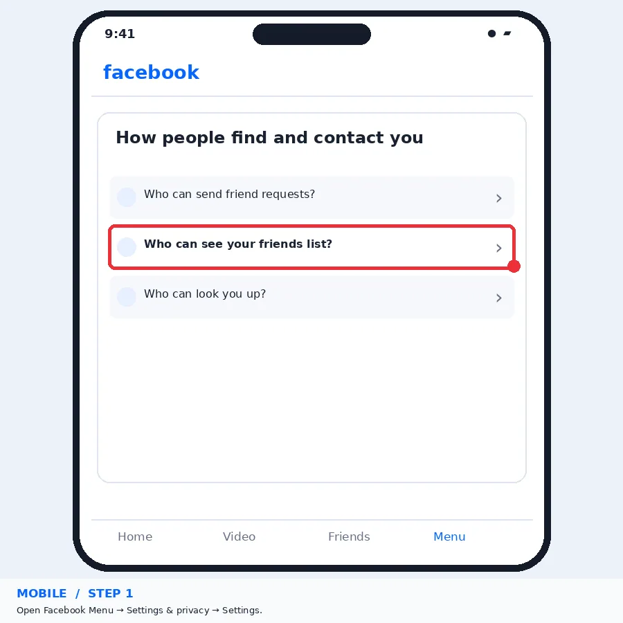 Illustrative Facebook interface for mobile, step 1; actual interface may differ