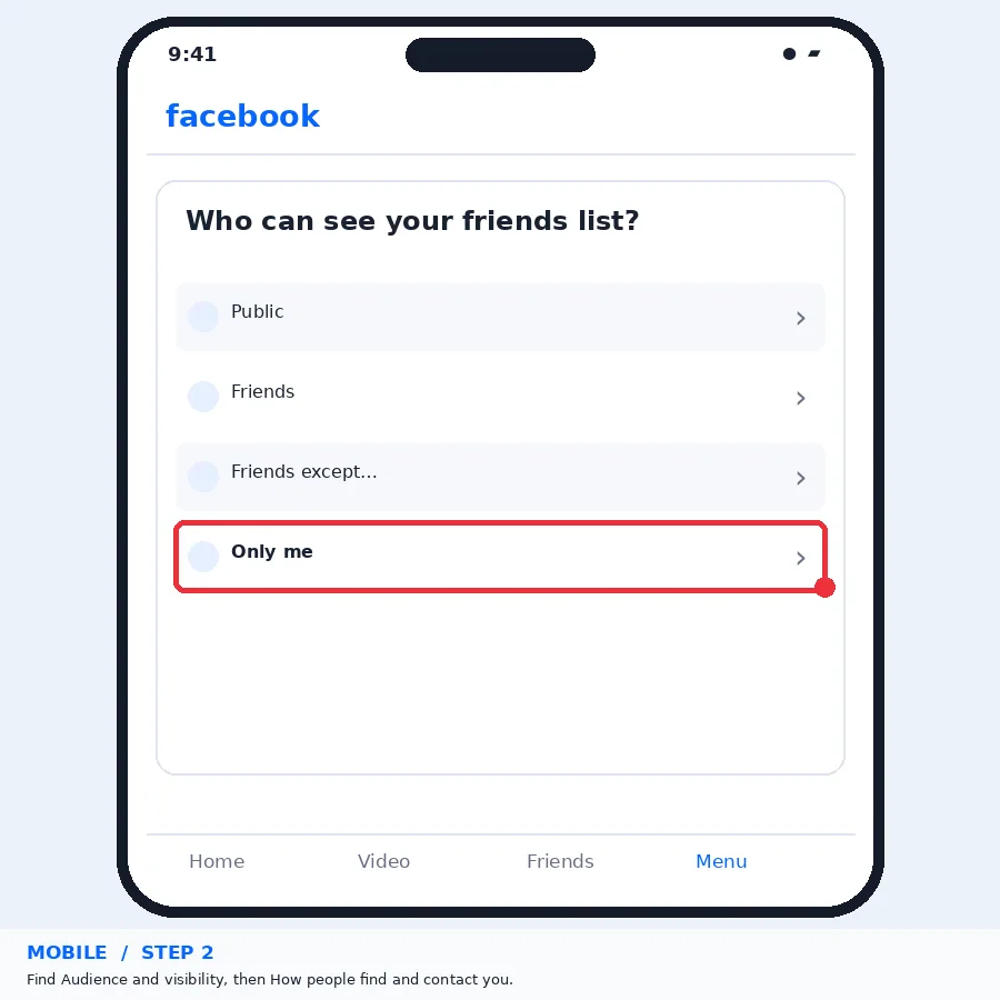 Illustrative Facebook interface for mobile, step 2; actual interface may differ