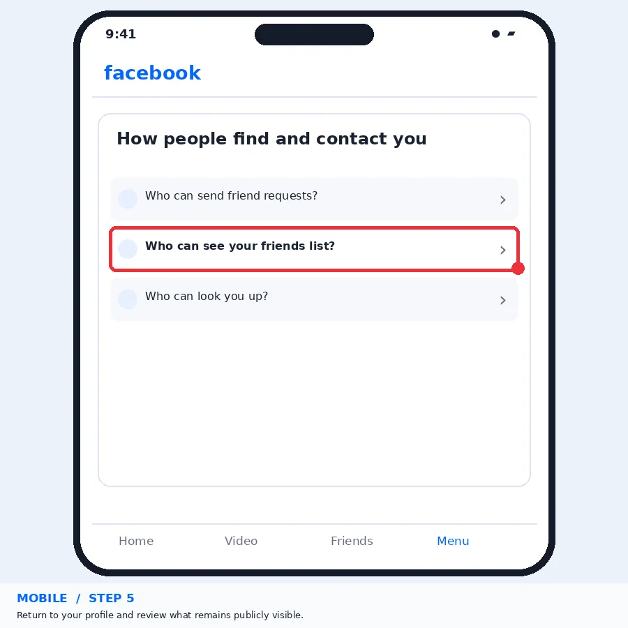 Illustrative Facebook interface for mobile, step 5; actual interface may differ