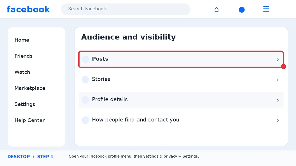 Illustrative Facebook interface for desktop, step 1; actual interface may differ