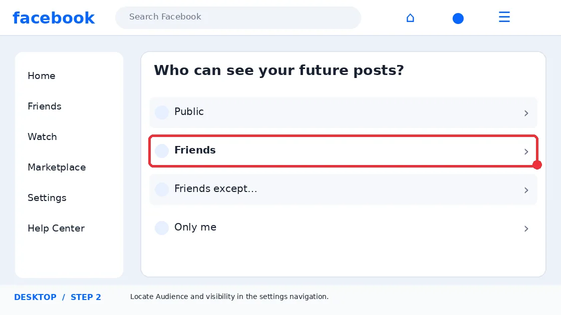 Illustrative Facebook interface for desktop, step 2; actual interface may differ