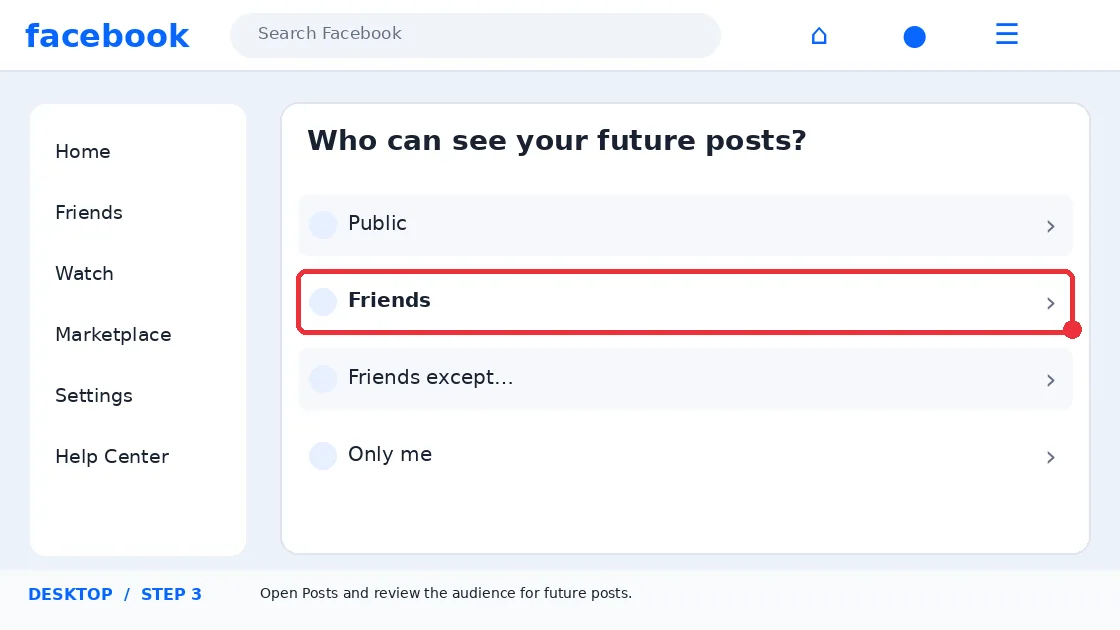 Illustrative Facebook interface for desktop, step 3; actual interface may differ