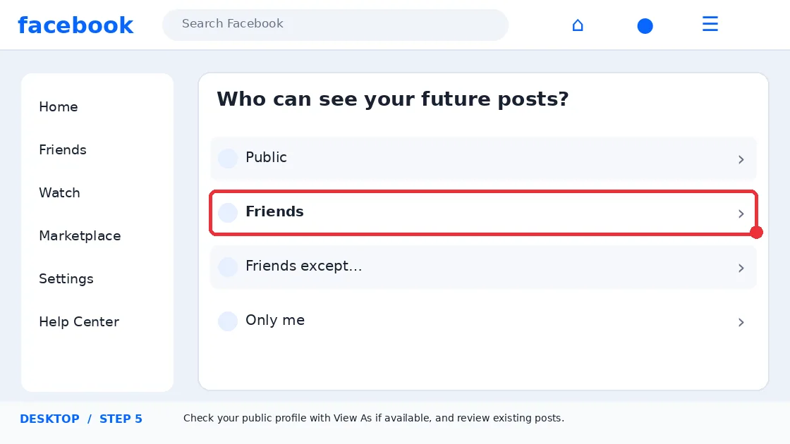 Illustrative Facebook interface for desktop, step 5; actual interface may differ