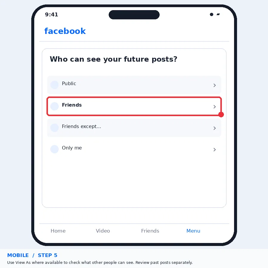 Illustrative Facebook interface for mobile, step 5; actual interface may differ
