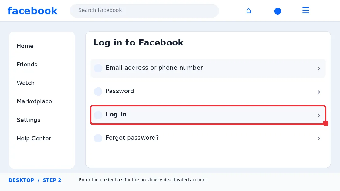 Illustrative Facebook interface for desktop, step 2; actual interface may differ