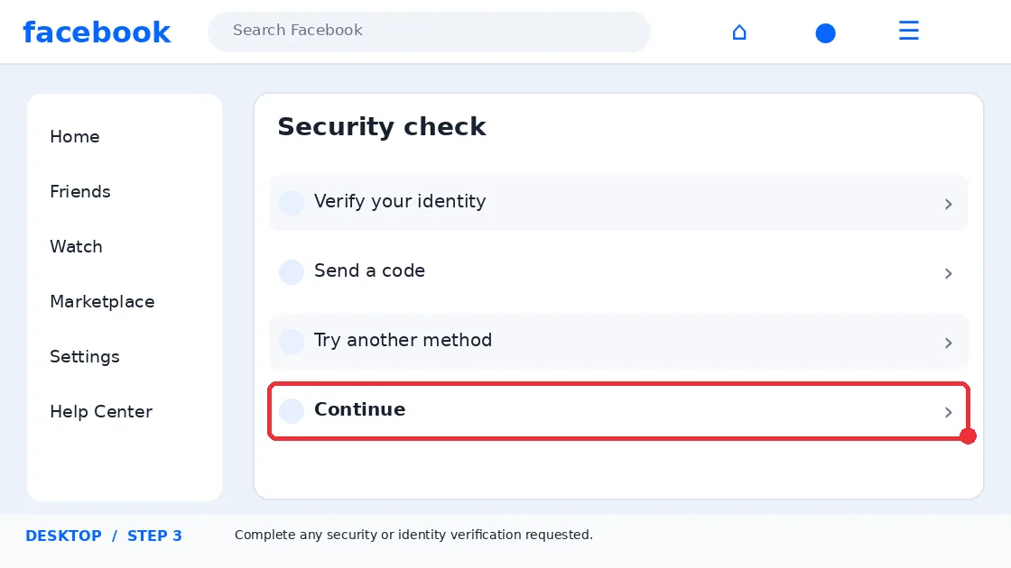 Illustrative Facebook interface for desktop, step 3; actual interface may differ