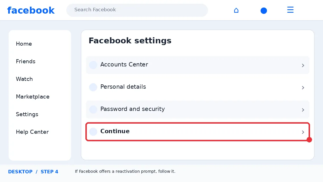 Illustrative Facebook interface for desktop, step 4; actual interface may differ
