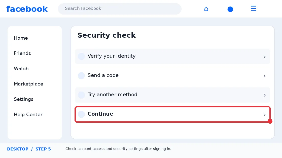 Illustrative Facebook interface for desktop, step 5; actual interface may differ