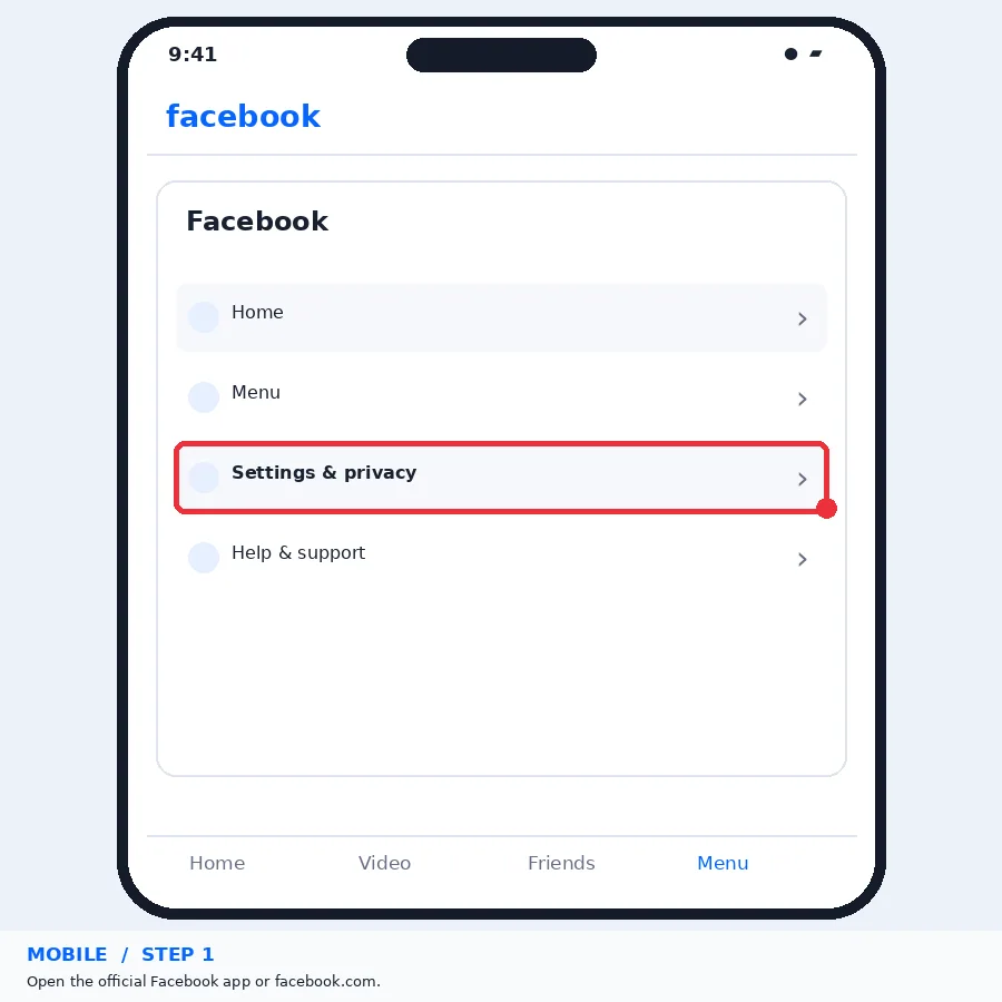 Illustrative Facebook interface for mobile, step 1; actual interface may differ
