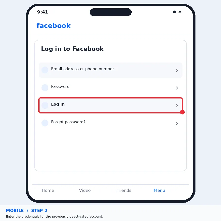 Illustrative Facebook interface for mobile, step 2; actual interface may differ