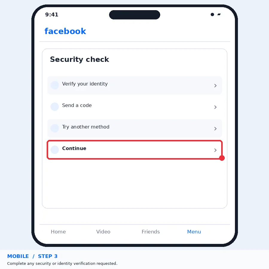 Illustrative Facebook interface for mobile, step 3; actual interface may differ