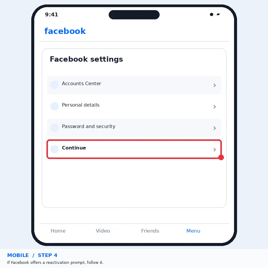 Illustrative Facebook interface for mobile, step 4; actual interface may differ