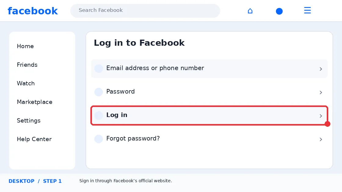 Illustrative Facebook interface for desktop, step 1; actual interface may differ
