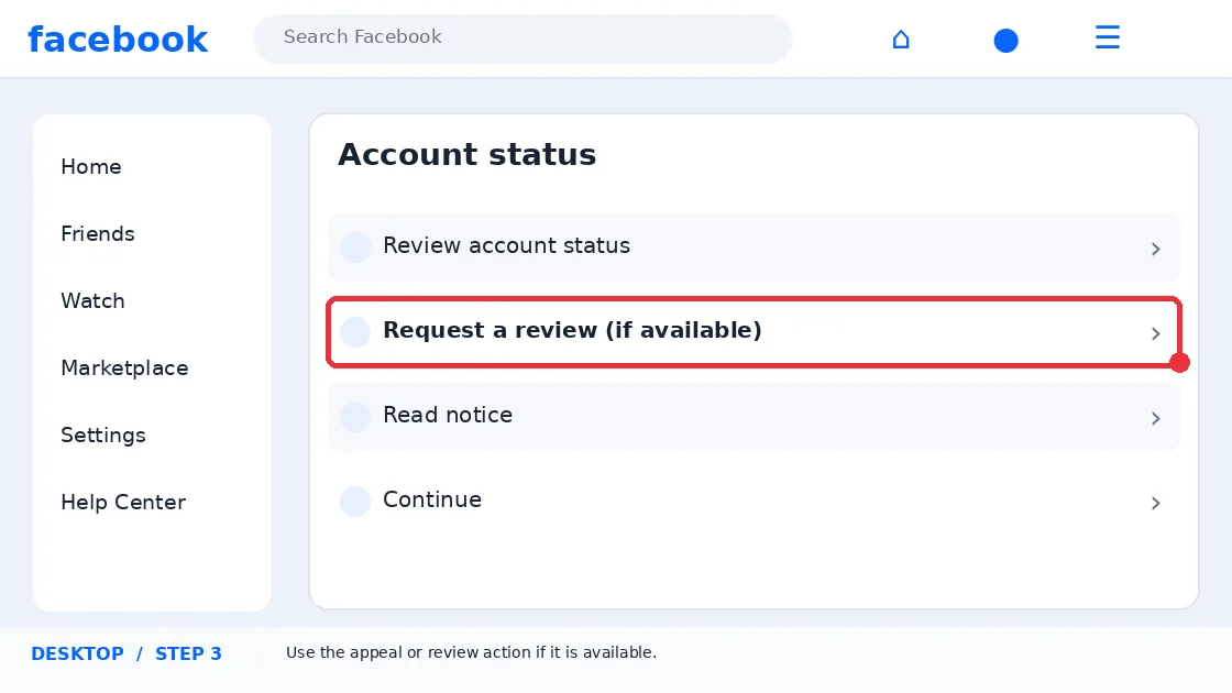Illustrative Facebook interface for desktop, step 3; actual interface may differ