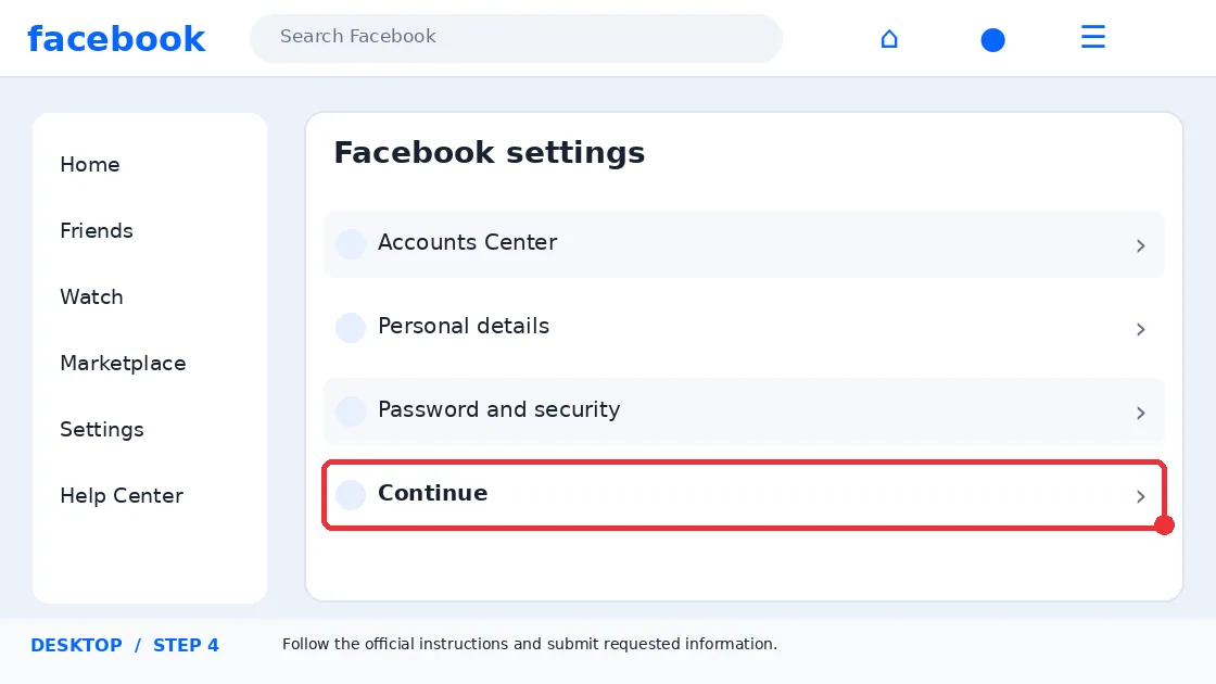 Illustrative Facebook interface for desktop, step 4; actual interface may differ