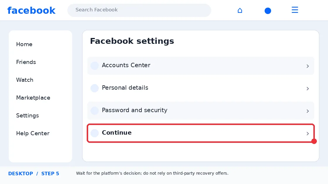 Illustrative Facebook interface for desktop, step 5; actual interface may differ