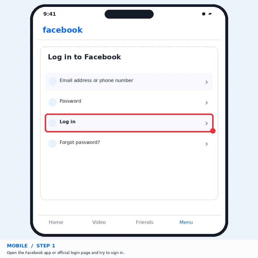 Illustrative Facebook interface for mobile, step 1; actual interface may differ