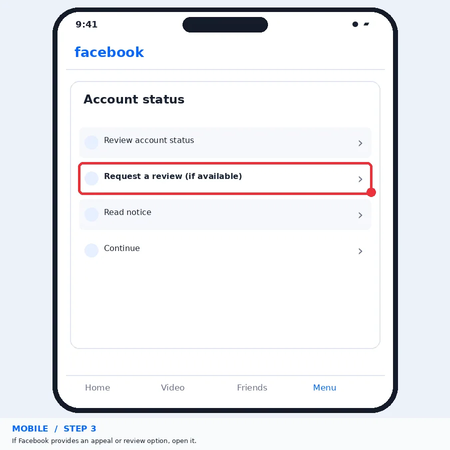 Illustrative Facebook interface for mobile, step 3; actual interface may differ