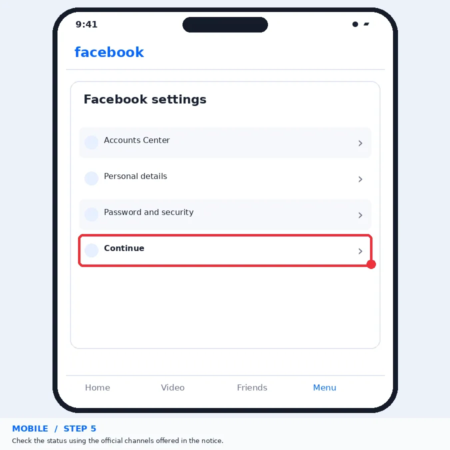 Illustrative Facebook interface for mobile, step 5; actual interface may differ