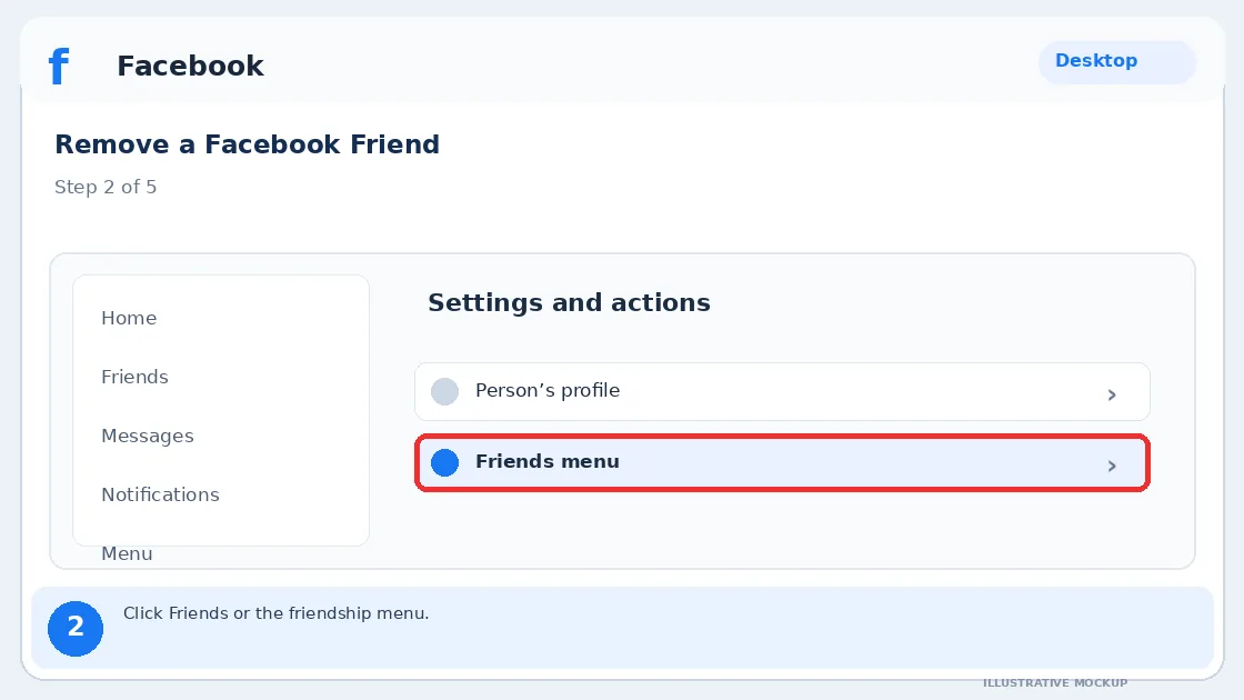 Illustrative Facebook interface for desktop, step 2; actual interface may differ
