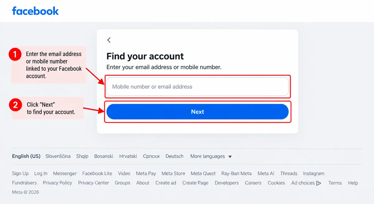 Illustrative Facebook interface for desktop, step 1; actual interface may differ