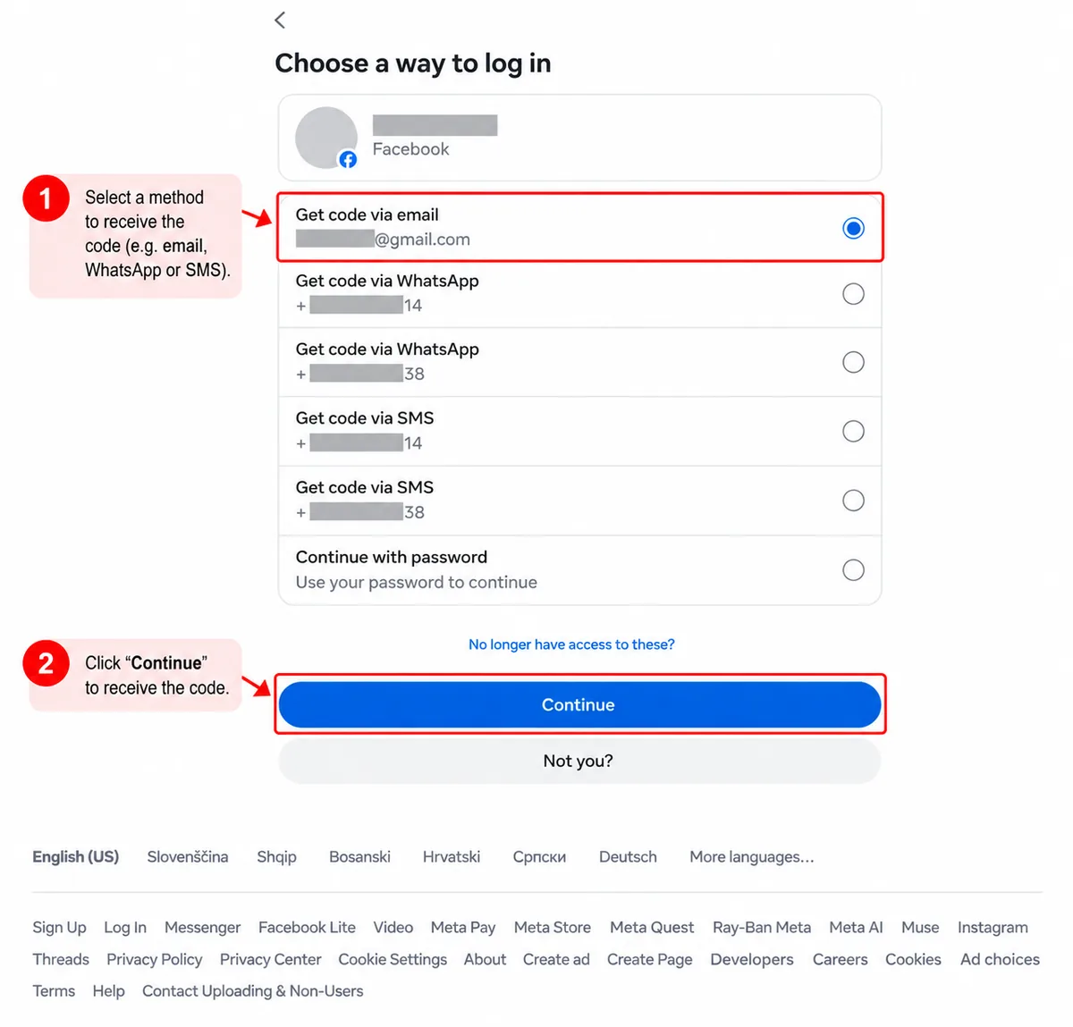 Illustrative Facebook interface for desktop, step 2; actual interface may differ