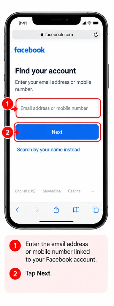 Illustrative Facebook interface for mobile, step 1; actual interface may differ