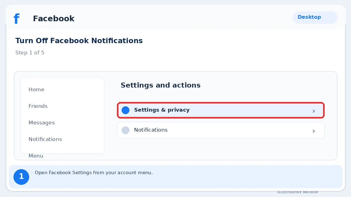 Illustrative Facebook interface for desktop, step 1; actual interface may differ