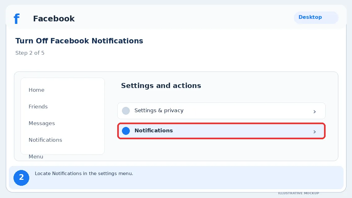 Illustrative Facebook interface for desktop, step 2; actual interface may differ