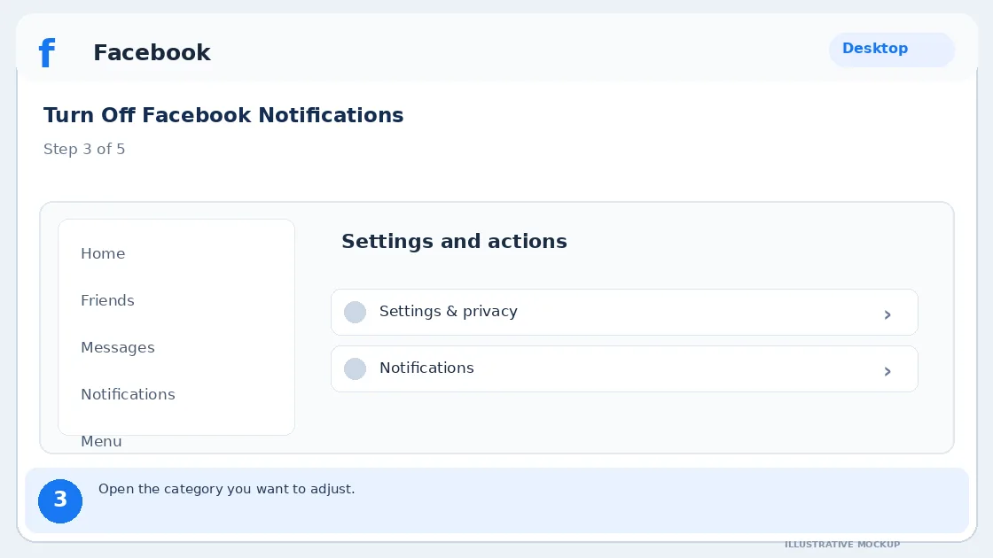 Illustrative Facebook interface for desktop, step 3; actual interface may differ