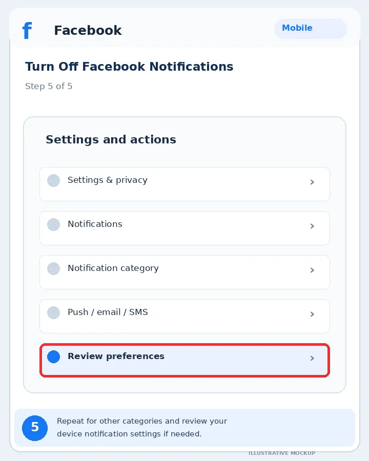 Illustrative Facebook interface for mobile, step 5; actual interface may differ