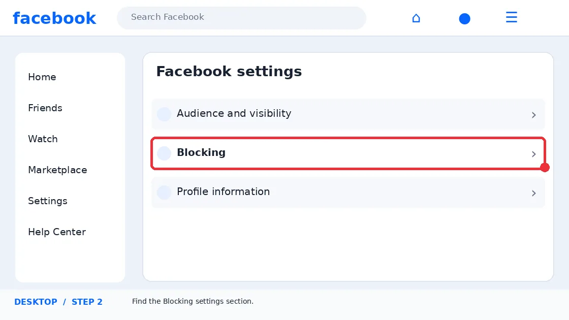 Illustrative Facebook interface for desktop, step 2; actual interface may differ