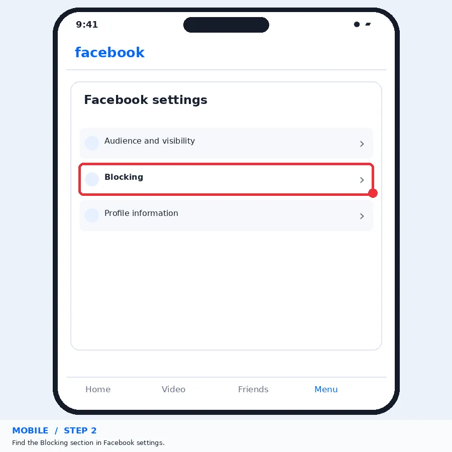 Illustrative Facebook interface for mobile, step 2; actual interface may differ