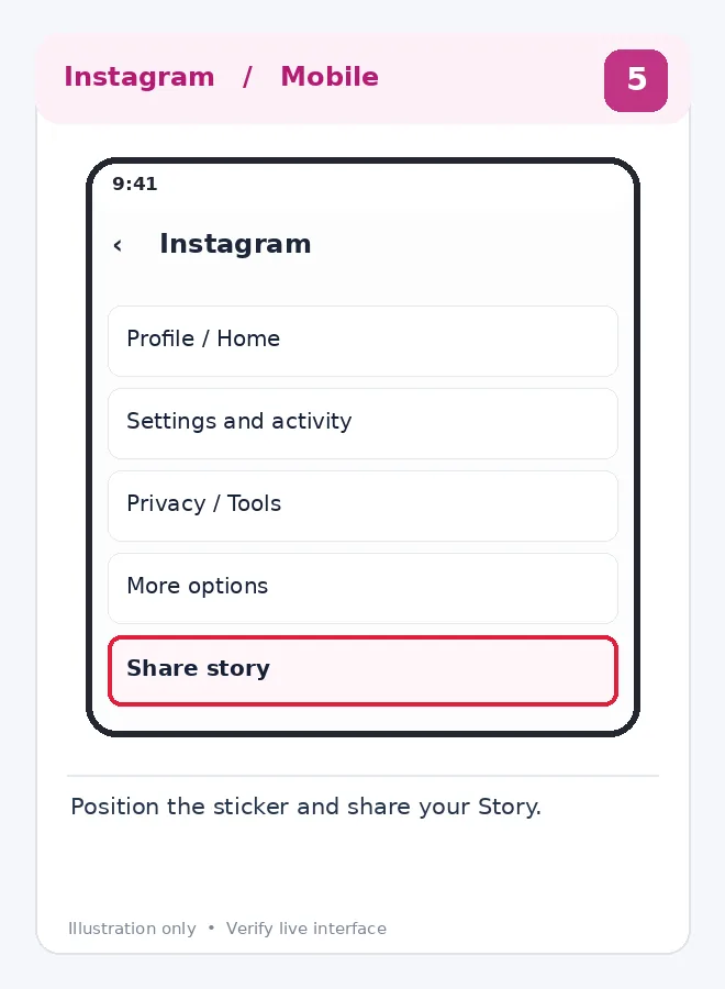 Illustrative Instagram interface for mobile, step 5; actual interface may differ