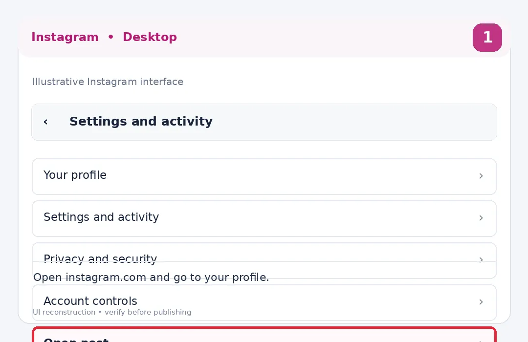 Illustrative Instagram interface for desktop, step 1; actual interface may differ