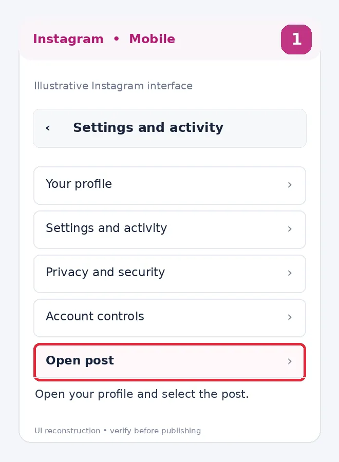 Illustrative Instagram interface for mobile, step 1; actual interface may differ