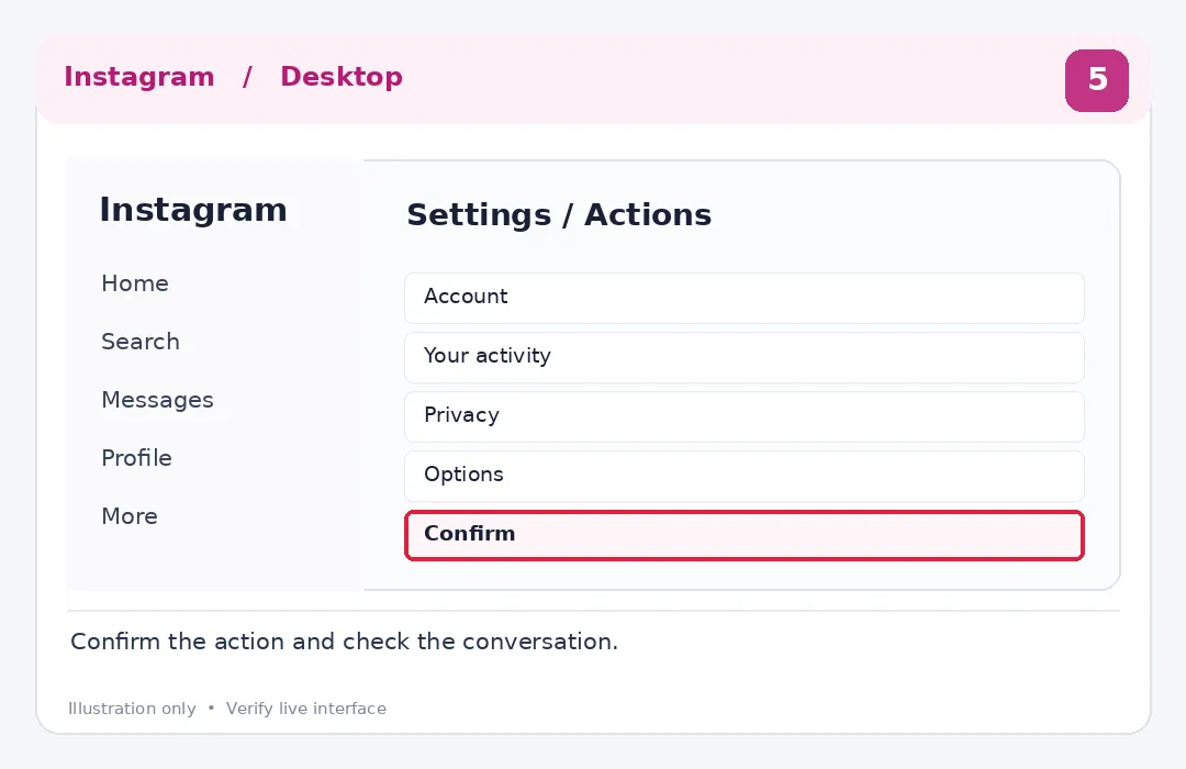 Illustrative Instagram interface for desktop, step 5; actual interface may differ