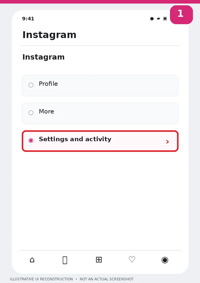 Illustrative Instagram interface for mobile, step 1; actual interface may differ