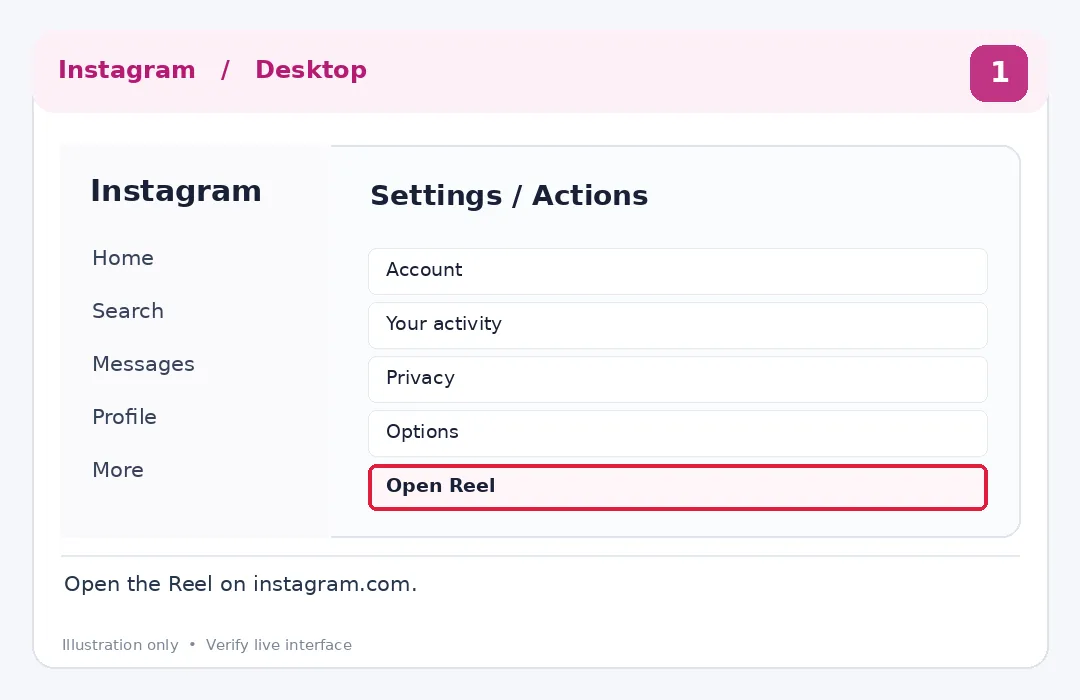 Illustrative Instagram interface for desktop, step 1; actual interface may differ