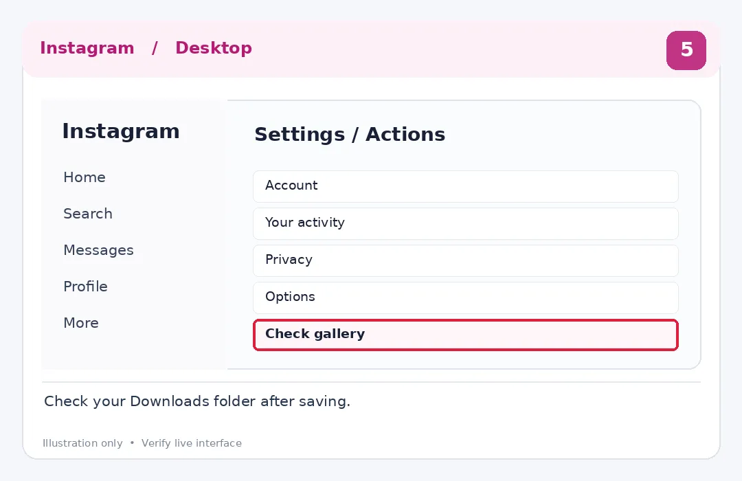 Illustrative Instagram interface for desktop, step 5; actual interface may differ