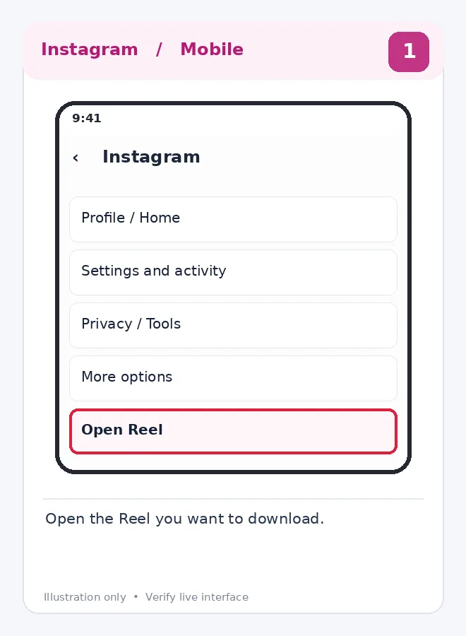Illustrative Instagram interface for mobile, step 1; actual interface may differ