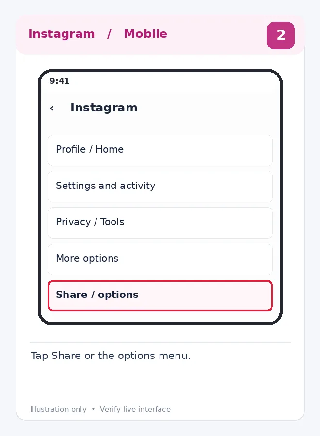 Illustrative Instagram interface for mobile, step 2; actual interface may differ