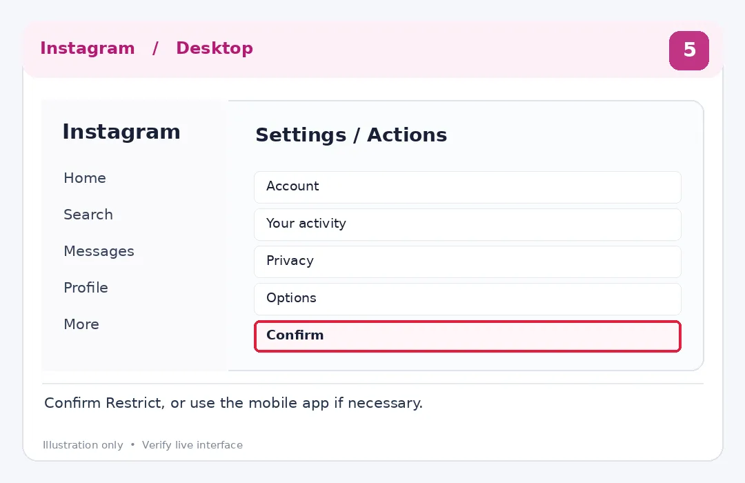 Illustrative Instagram interface for desktop, step 5; actual interface may differ