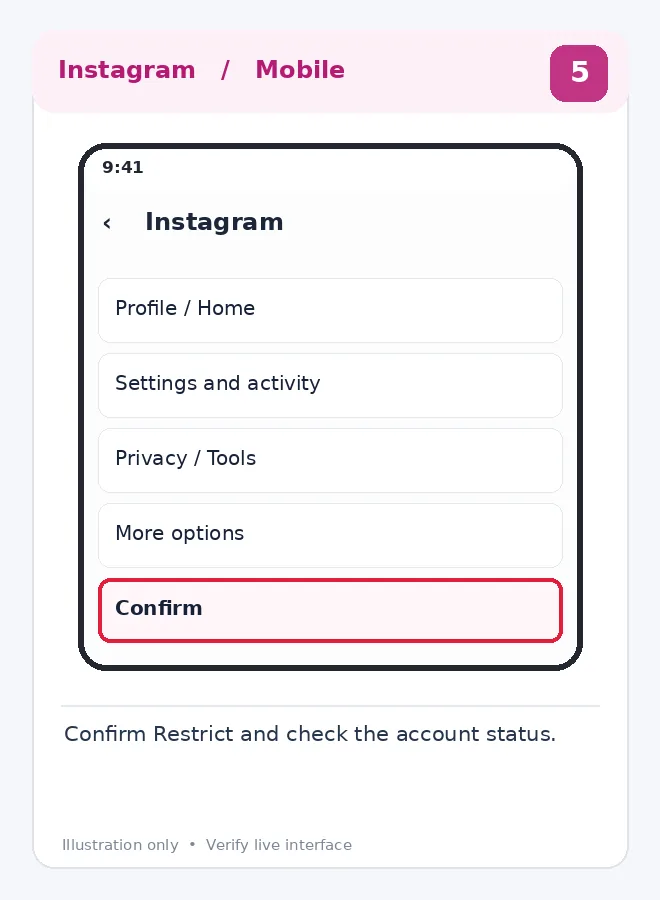 Illustrative Instagram interface for mobile, step 5; actual interface may differ