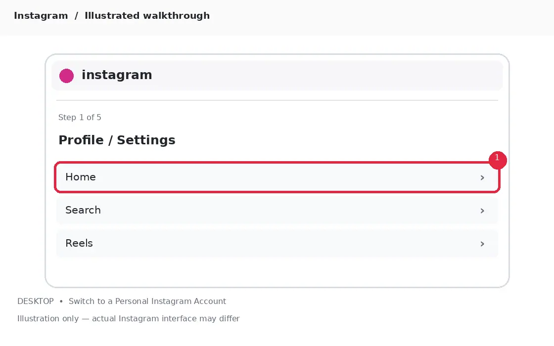Illustrative Instagram interface for desktop, step 1; actual interface may differ