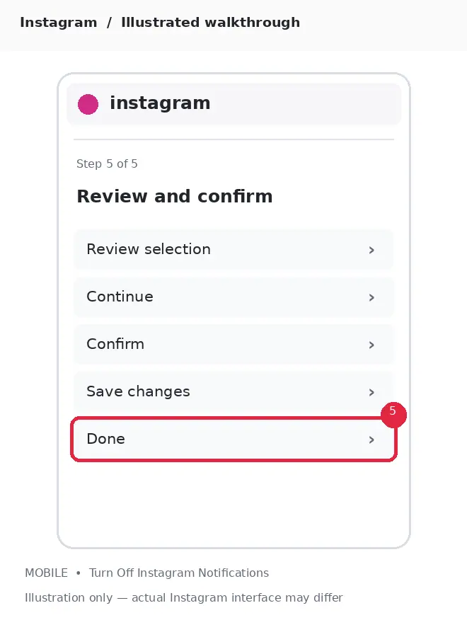 Illustrative Instagram interface for mobile, step 5; actual interface may differ