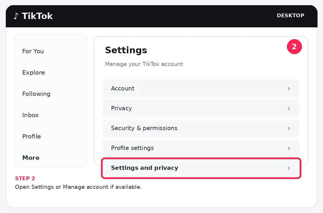 Illustrative TikTok interface for desktop, step 2; actual interface may differ