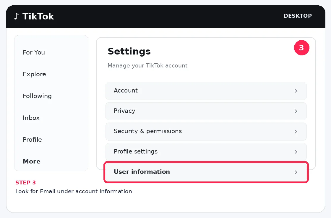 Illustrative TikTok interface for desktop, step 3; actual interface may differ