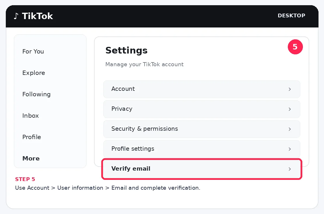 Illustrative TikTok interface for desktop, step 5; actual interface may differ